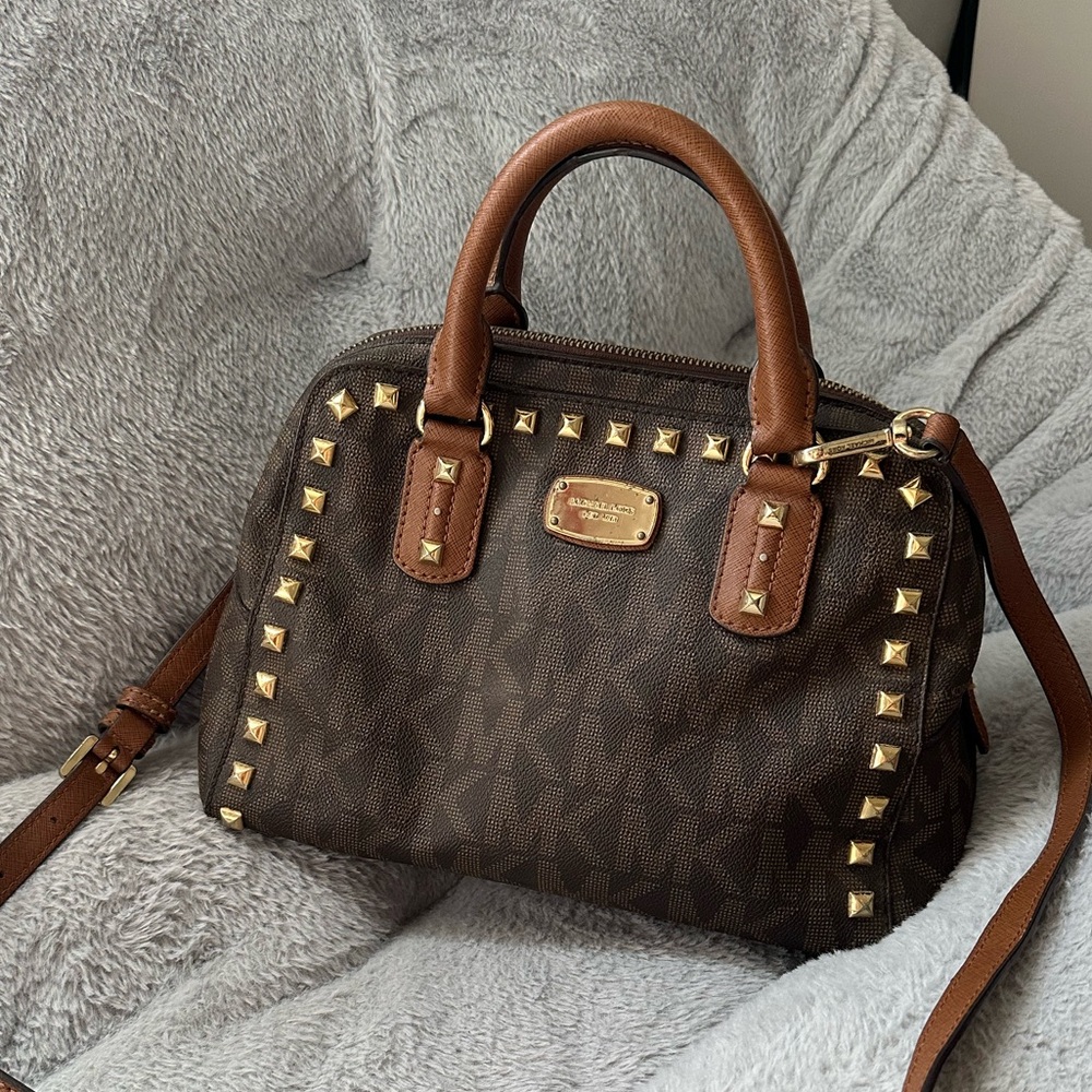Michael Kors Brown Studded Logo Satchel Top Handle Bag Gold Hardware